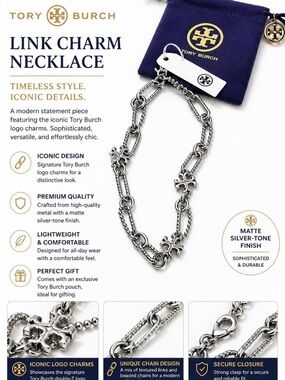 Tory Burch Matte Silver-Tone Link Charm Necklace with Logo Charms